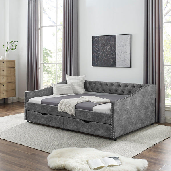 Full Size Daybed with Drawers Upholstered Tufted Sofa Bed, with Button on Back and Copper Nail on Waved Shape Arms, Grey (80.5''x55.5''x27.5'') - Supfirm