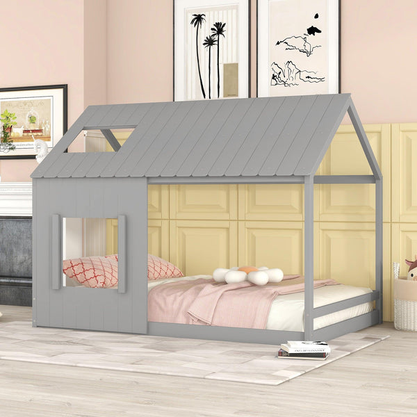 Full Size House Bed with Roof and Window - Gray - Supfirm