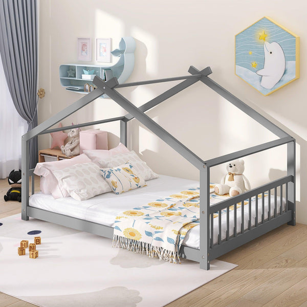 Full Size House Bed Wood Bed, Gray - Supfirm