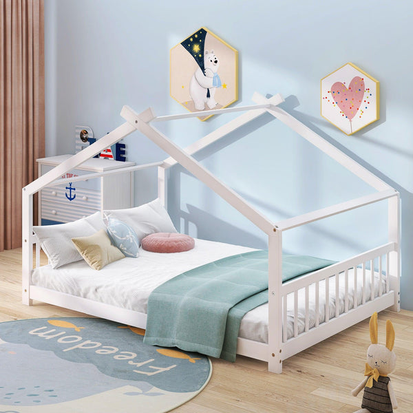 Full Size House Bed Wood Bed, White - Supfirm