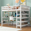 Full Size Loft Bed with Storage Shelves and Under-bed Desk, White - Supfirm