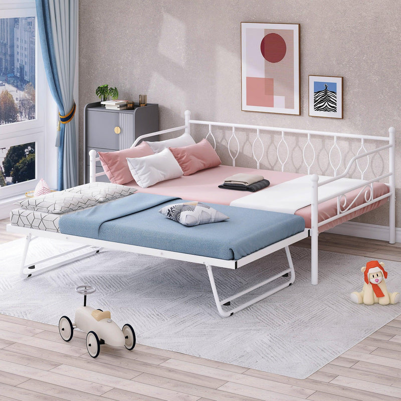 Full Size Metal Daybed with Twin Size Adjustable Trundle, Portable Folding Trundle, White(OLC SKU:MF293730AAK) - Supfirm