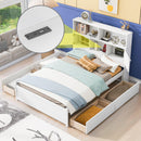 Full Size Platform Bed with Storage Headboard, Charging Station and 4 Drawers, White - Supfirm