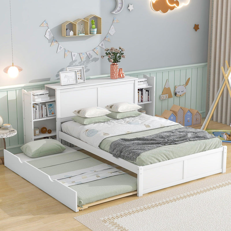 Full Size Storage Platform Bed with Pull Out Shelves and Twin Size Trundle, White - Supfirm