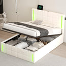 Full Size Upholstered Bed with LED Lights,Hydraulic Storage System and USB Charging Station,White - Supfirm