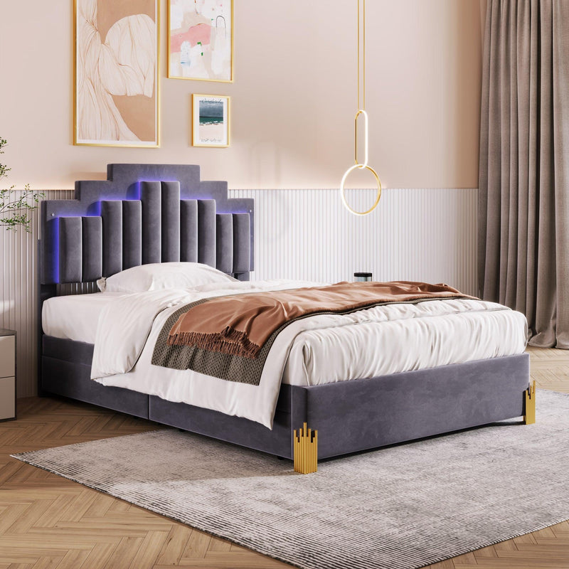 Full Size Upholstered Platform Bed with LED Lights and 4 Drawers, Stylish Irregular Metal Bed Legs Design, Gray - Supfirm