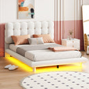 Full Size Velvet Platform Bed with LED Frame, Thick & Soft Fabric and Button-tufted Design Headboard, Beige - Supfirm