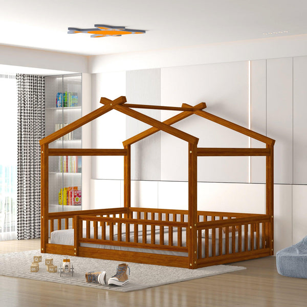 Full Size Wood Bed House Bed Frame with Fence, for Kids, Teens, Girls, Boys,Walnut - Supfirm