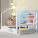 Full Size Wood House Bed with Fence and Detachable Storage Shelves, White(Expected Arrival Time: 1.7) - Supfirm