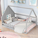 Full Size Wood House Bed with Window and Fence, Gray - Supfirm