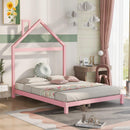 Full Size Wood Platform Bed with House-shaped Headboard (Pink) - Supfirm