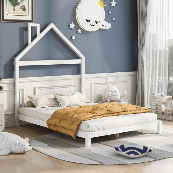 Full Size Wood Platform Bed with House-shaped Headboard (White) - Supfirm