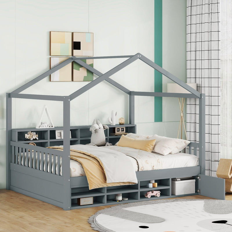 Full Size Wooden House Bed with Shelves and a Mini-cabinet, Gray - Supfirm