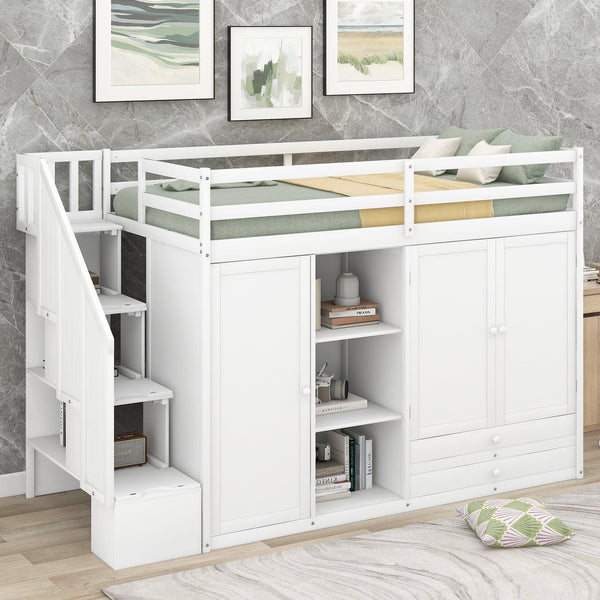 Functional Loft Bed with 3 Shelves, 2 Wardrobes and 2 Drawers, Ladder with Storage, No Box Spring Needed, White - Supfirm