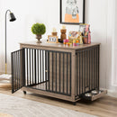 Furniture Style Dog Crate Side Table With Feeding Bowl, Wheels, Three Doors, Flip-Up Top Opening. Indoor, Grey, 43.7"W x 30"D x 33.7"H - Supfirm