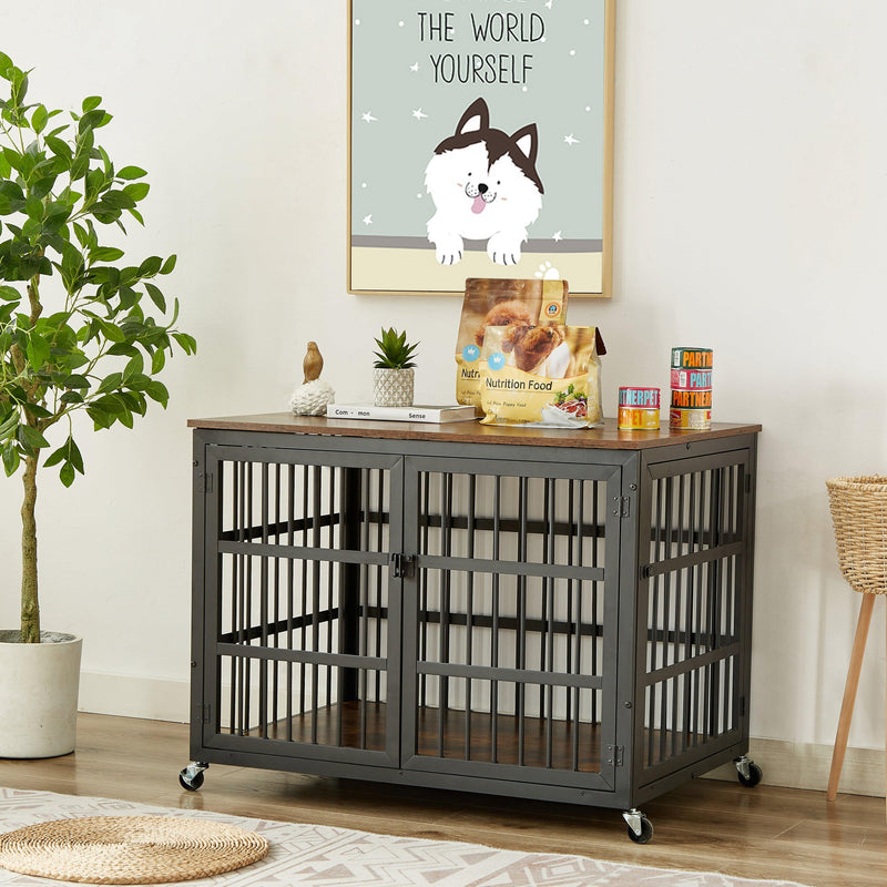 Furniture style dog crate wrought iron frame door with side openings, Rustic Brown, 38.4''W x 27.7''D x 30.2''H. - Supfirm