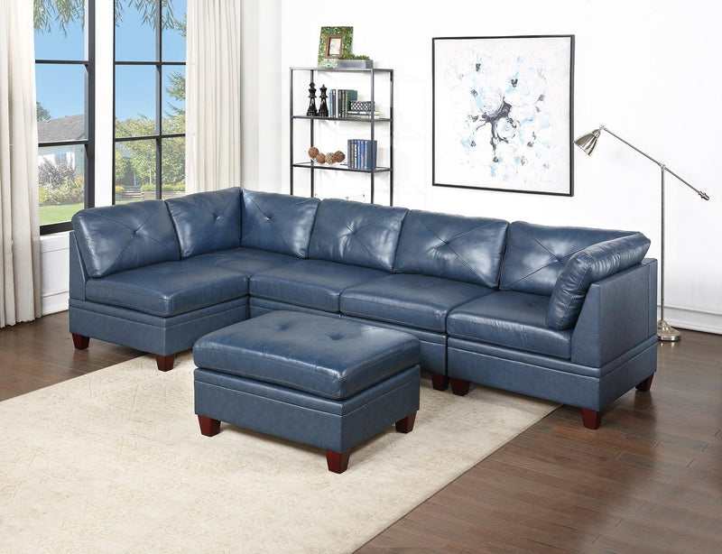 Genuine Leather Ink Blue Tufted 6pc Modular Sofa Set 2x Corner Wedge 3x Armless Chair 1x Ottoman Living Room Furniture Sofa Couch - Supfirm