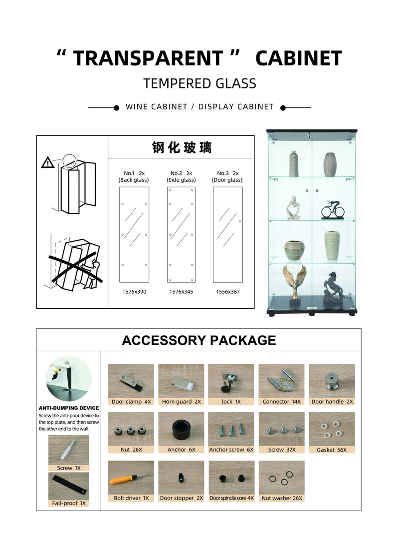 Supfirm Glass Display Cabinet 4 Shelves with Door, Floor Standing Curio Bookshelf for Living Room Bedroom Office, 64.56” x 16.73”x 14.37”, White - Supfirm