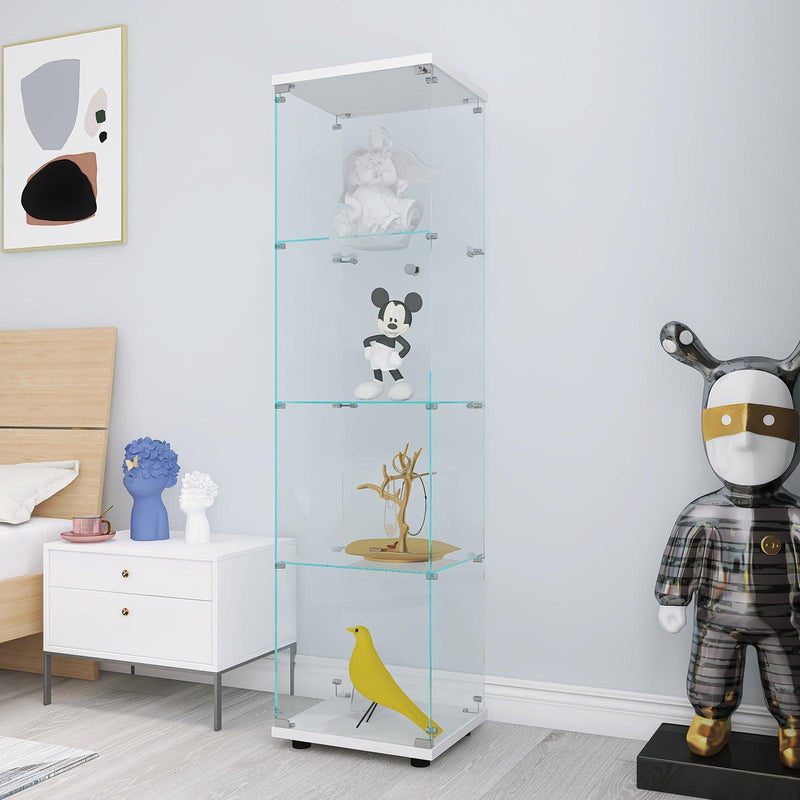 Supfirm Glass Display Cabinet 4 Shelves with Door, Floor Standing Curio Bookshelf for Living Room Bedroom Office, 64.56” x 16.73”x 14.37”, White - Supfirm