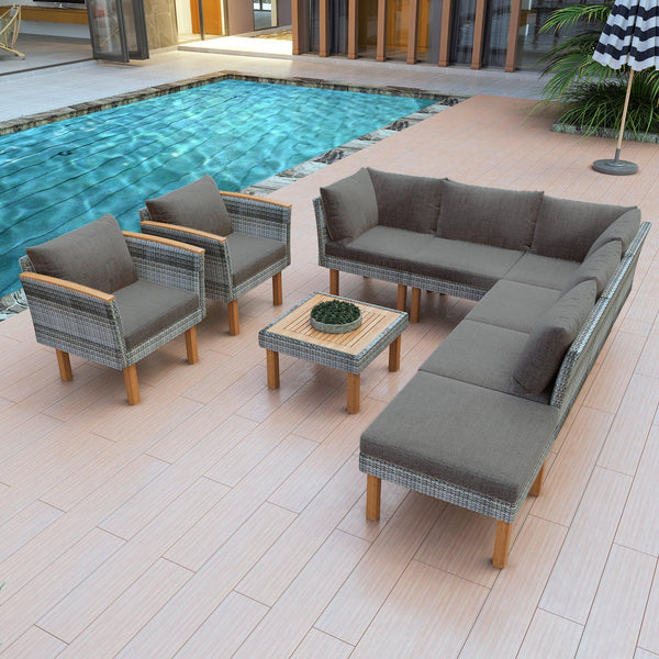 GO 9-Piece Patio Rattan Furniture Set, Outdoor Conversation Set With Acacia Wood Legs and Tabletop, PE Rattan Sectional Sofa Set with Coffee Table, Washable Cushion, Gray - Supfirm