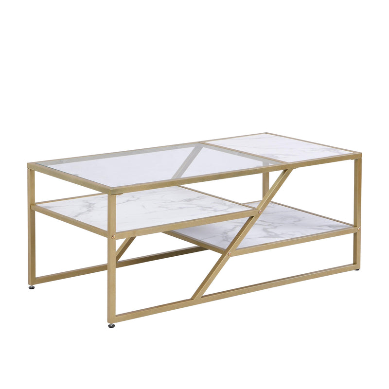 Supfirm Golden Coffee Table with Storage Shelf, Tempered Glass Coffee Table with Metal Frame for Living Room&Bedroom - Supfirm