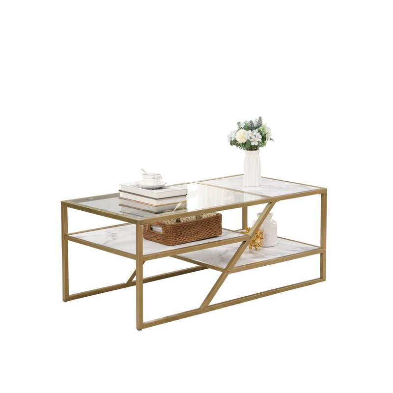 Supfirm Golden Coffee Table with Storage Shelf, Tempered Glass Coffee Table with Metal Frame for Living Room&Bedroom - Supfirm