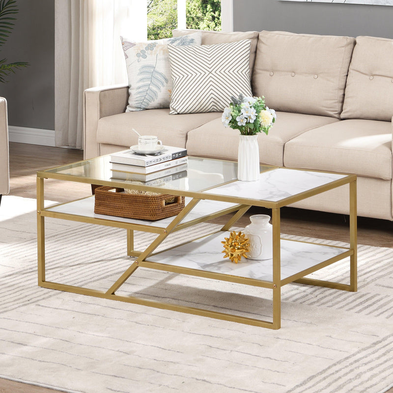 Supfirm Golden Coffee Table with Storage Shelf, Tempered Glass Coffee Table with Metal Frame for Living Room&Bedroom - Supfirm