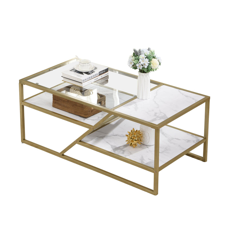 Supfirm Golden Coffee Table with Storage Shelf, Tempered Glass Coffee Table with Metal Frame for Living Room&Bedroom - Supfirm