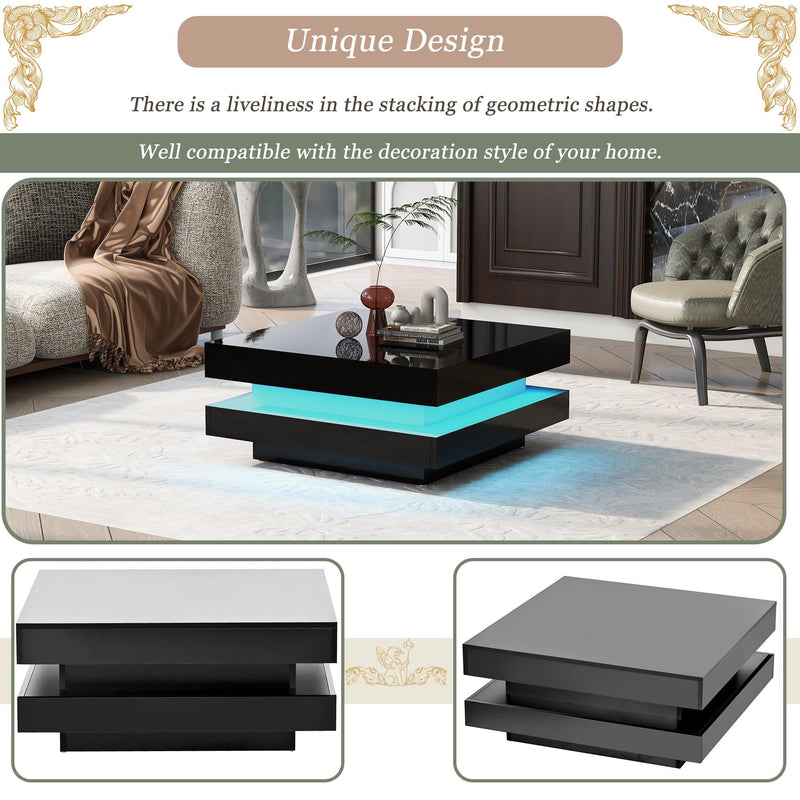 Supfirm High Gloss Minimalist Design with plug-in 16-color LED Lights, 2-Tier Square Coffee Table, Center Table for Living Room, 31.5”x31.5”x14.2”,Black - Supfirm