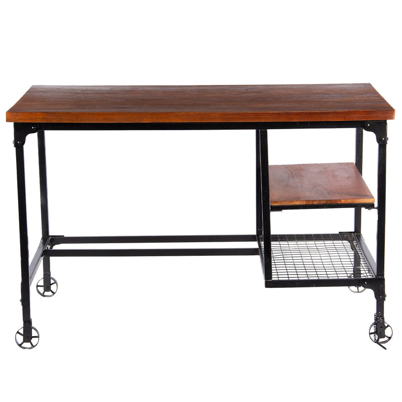 Industrial Style Wood and Metal Desk with Two Bottom Shelves, Brown and Black - Supfirm