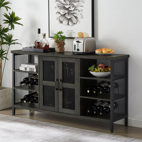 Supfirm Industrial Wine Bar Cabinet, Liquor Storage Credenza, Sideboard with Wine Racks & Stemware Holder (Dark Grey, 55.12''w x 13.78''d x 30.31' ' h) - Supfirm