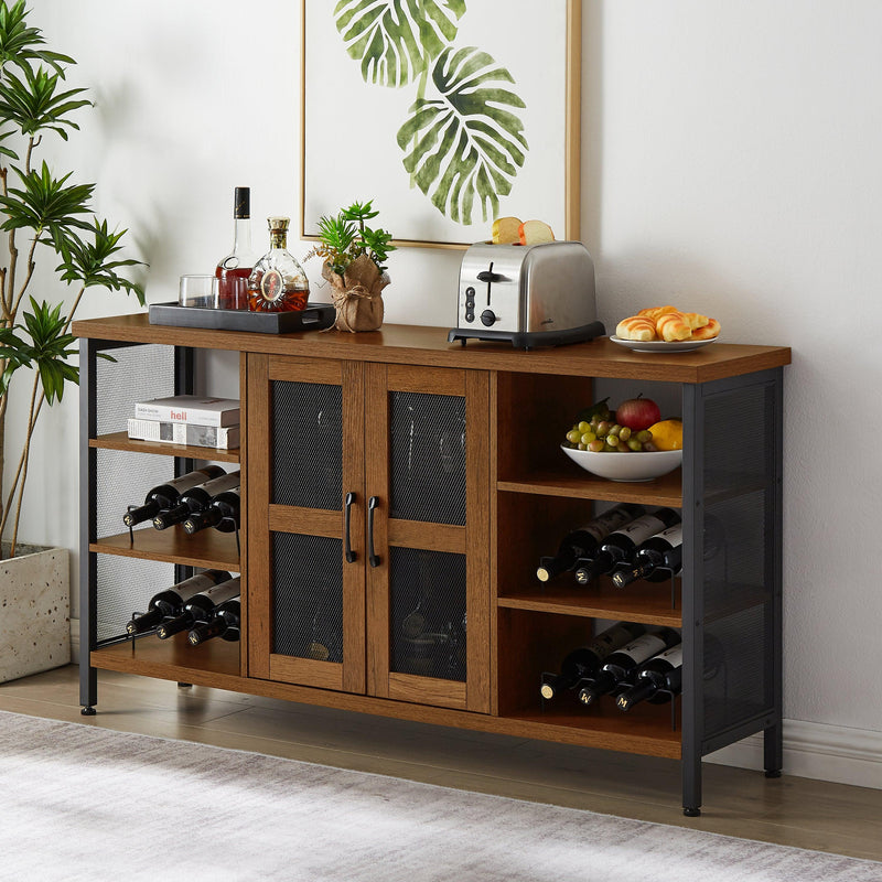 Supfirm Industrial Wine Bar Cabinet, Liquor Storage Credenza, Sideboard with Wine Racks & Stemware Holder (Hazelnut Brown, 55.12''w x 13.78''d x 30.31' ' h) - Supfirm