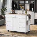 K&K Store Kitchen Cart with Rubber Wood Countertop , Kitchen Island has 8 Handle-Free Drawers Including a Flatware Organizer and 5 Wheels for Kitchen Dinning Room, White - Supfirm