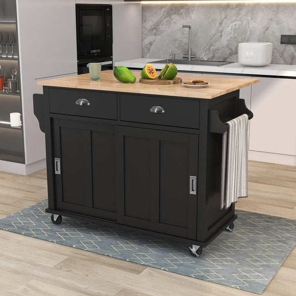 Kitchen Cart with Rubber wood Drop-Leaf Countertop, Concealed sliding barn door adjustable height,Kitchen Island on 4 Wheels with Storage Cabinet and 2 Drawers,L52.2xW30.5xH36.6 inch, Black - Supfirm