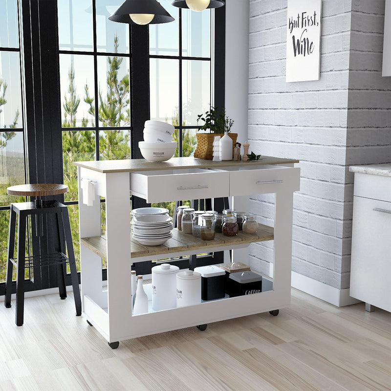 Kitchen Island 46 Inches Dozza, Two Drawers, White / Light Oak Finish - Supfirm