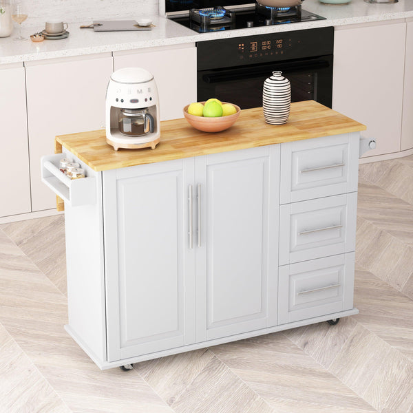 Kitchen Island Cart with 2 Door Cabinet and Three Drawers,43.31 Inch Width with Spice Rack,Towel Rack (White) - Supfirm