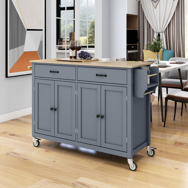 Kitchen Island Cart with Solid Wood Top and Locking Wheels,54.3 Inch Width,4 Door Cabinet and Two Drawers,Spice Rack, Towel Rack (Grey Blue) - Supfirm