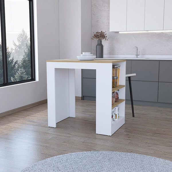 Kitchen Island Doyle, Three Side Shelves, White and Light Oak Finish - Supfirm