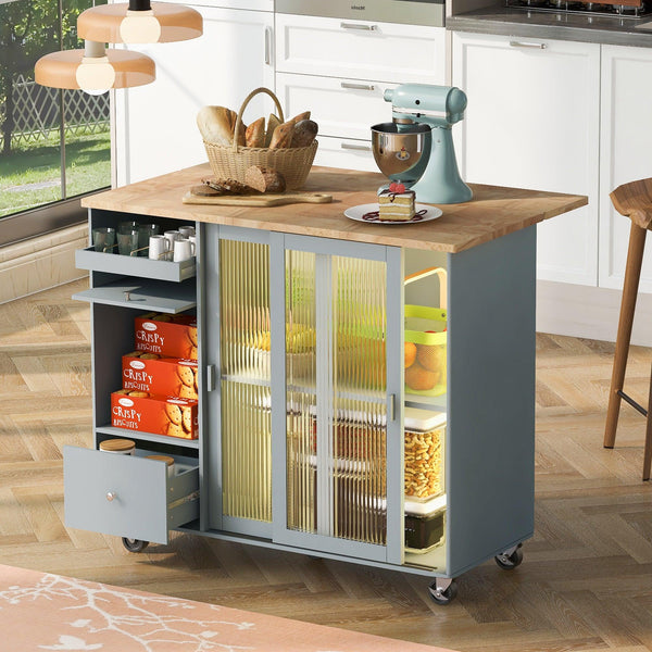 Kitchen Island with Drop Leaf, LED Light Kitchen Cart on Wheels with 2 Fluted Glass Doors and 1 Flip Cabinet Door, Large Kitchen Island Cart with an Adjustable Shelf and 2 Drawers (Grey Blue) - Supfirm