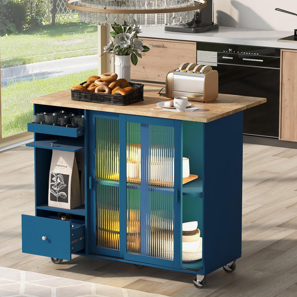 Kitchen Island with Drop Leaf, LED Light Kitchen Cart on Wheels with 2 Fluted Glass Doors and 1 Flip Cabinet Door, Large Kitchen Island Cart with an Adjustable Shelf and 2 Drawers (Navy Blue) - Supfirm