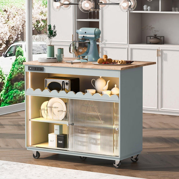 Kitchen Island with Drop Leaf, LED Light Kitchen Cart on Wheels with Power Outlets, 2 Sliding Fluted Glass Doors, Large Kitchen Island Cart with 2 Cabinet and 1 open Shelf (Grey Blue) - Supfirm