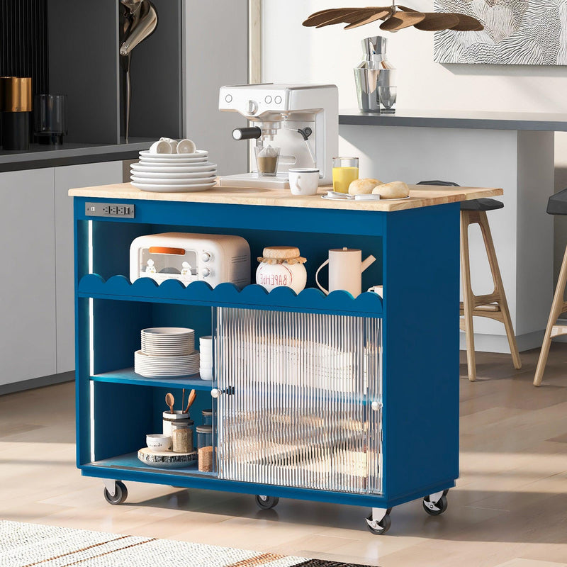 Kitchen Island with Drop Leaf, LED Light Kitchen Cart on Wheels with Power Outlets, 2 Sliding Fluted Glass Doors, Large Kitchen Island Cart with 2 Cabinet and 1 open Shelf (Navy Blue) - Supfirm