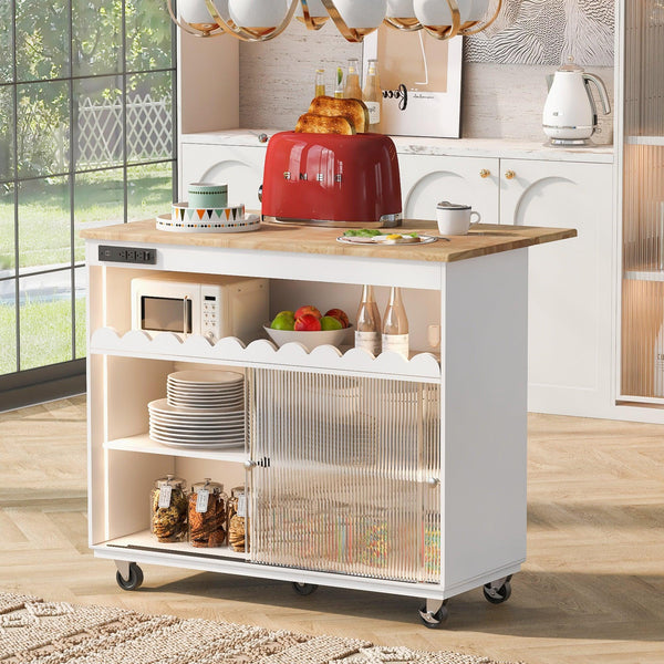 Kitchen Island with Drop Leaf, LED Light Kitchen Cart on Wheels with Power Outlets, 2 Sliding Fluted Glass Doors, Large Kitchen Island Cart with 2 Cabinet and 1 open Shelf (White) - Supfirm