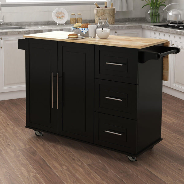 Kitchen Island with Spice Rack, Towel Rack and Extensible Solid Wood Table Top-Black - Supfirm