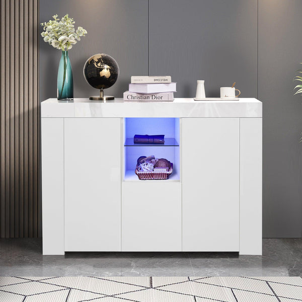 Supfirm Kitchen Sideboard Cupboard with LED Light, White High Gloss Dining Room Buffet Storage Cabinet Hallway Living Room TV Stand Unit Display Cabinet with Drawer and 2 Doors - Supfirm