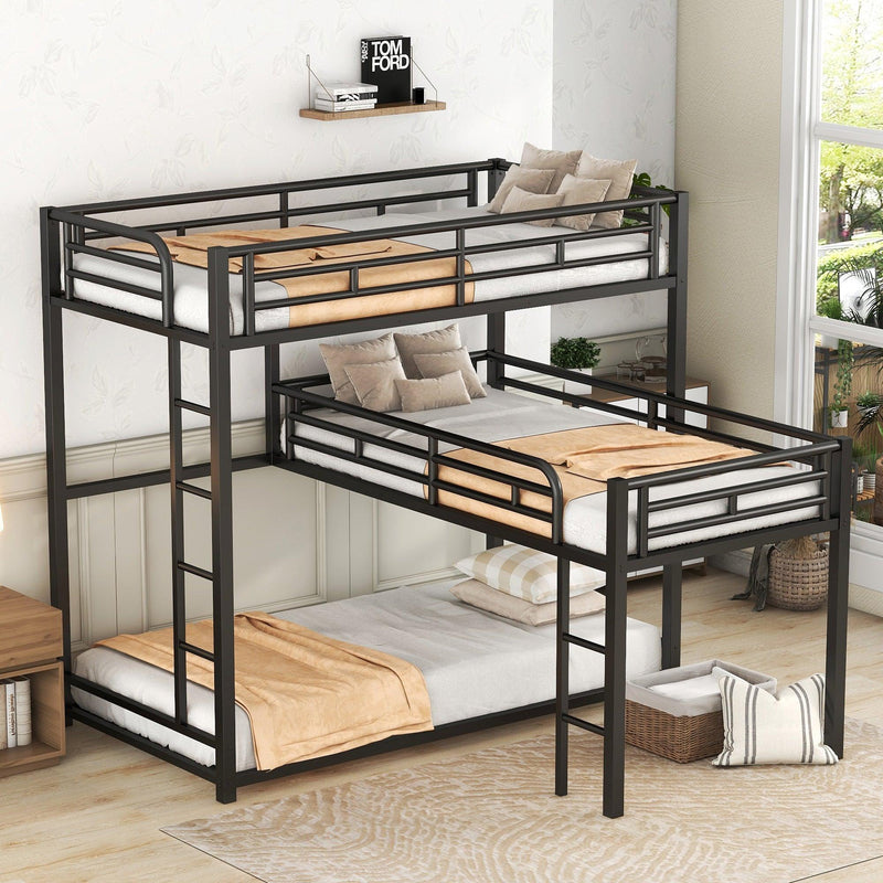 L-shaped Metal Triple Twin Size Bunk Bed, Black(OLD SKU:SM000605AAB) - Supfirm