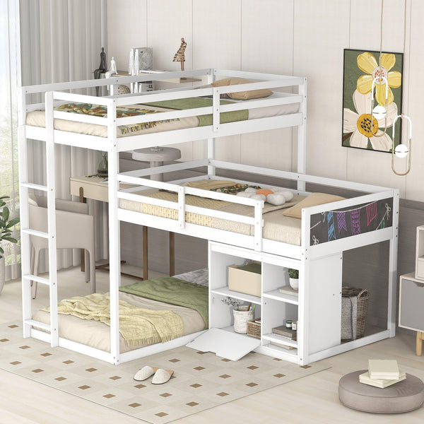 L-shaped Wood Triple Twin Size Bunk Bed with Storage Cabinet and Blackboard, Ladder, White - Supfirm