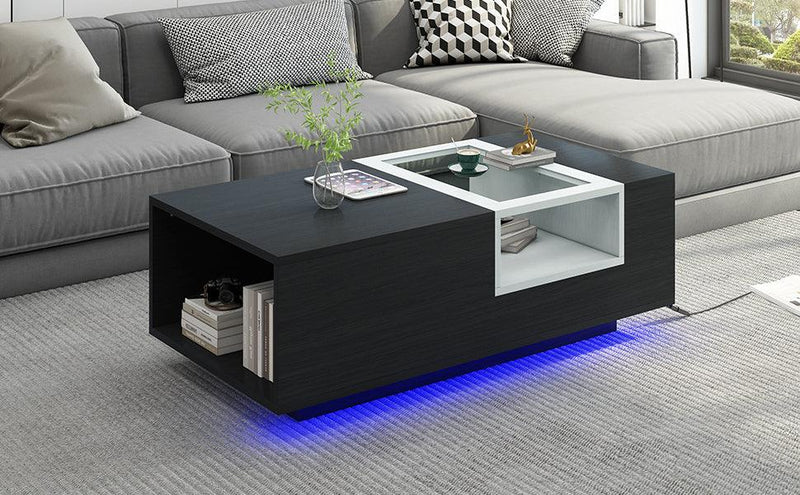 Supfirm LED Coffee Table with Storage, Modern Center Table with Open Display Shelf, Accent Furniture with LED Lights for Living Room,Black - Supfirm