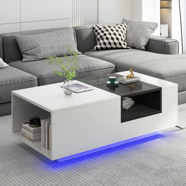 Supfirm LED Coffee Table with Storage, Modern Center Table with Open Display Shelf, Accent Furniture with LED Lights for Living Room,White - Supfirm