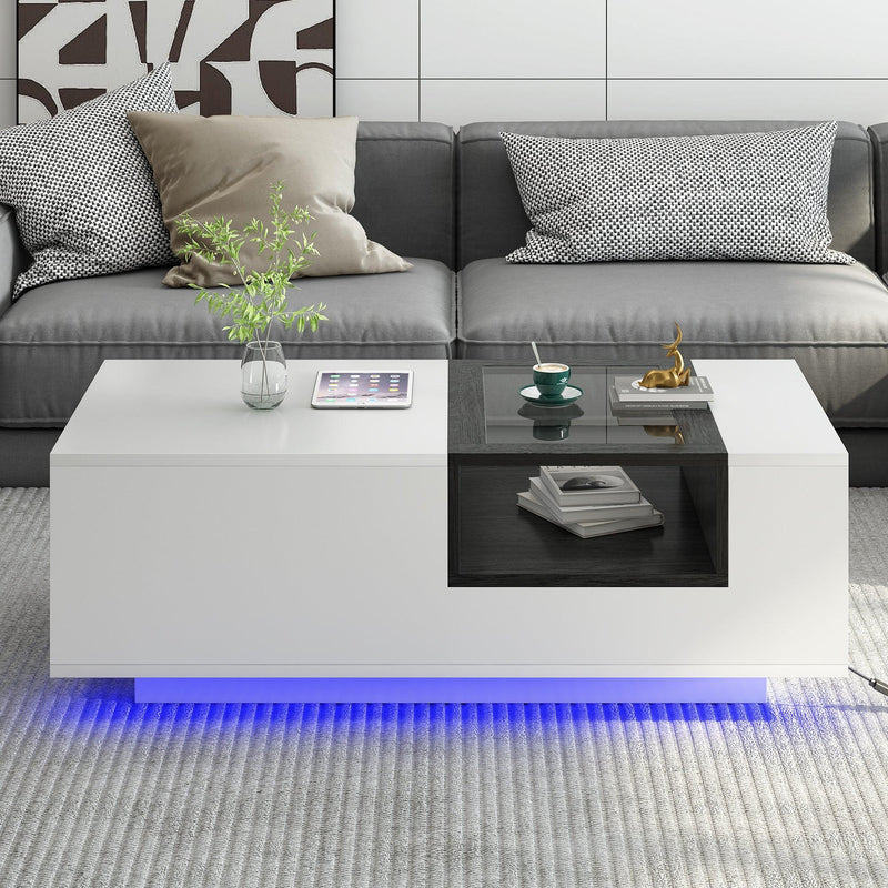 Supfirm LED Coffee Table with Storage, Modern Center Table with Open Display Shelf, Accent Furniture with LED Lights for Living Room,White - Supfirm